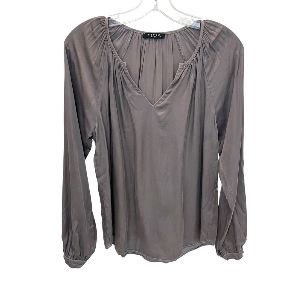 Maven West Womens Gray 100% Cupro V-Neck Pleated Long Sleeve Blouse Size Small